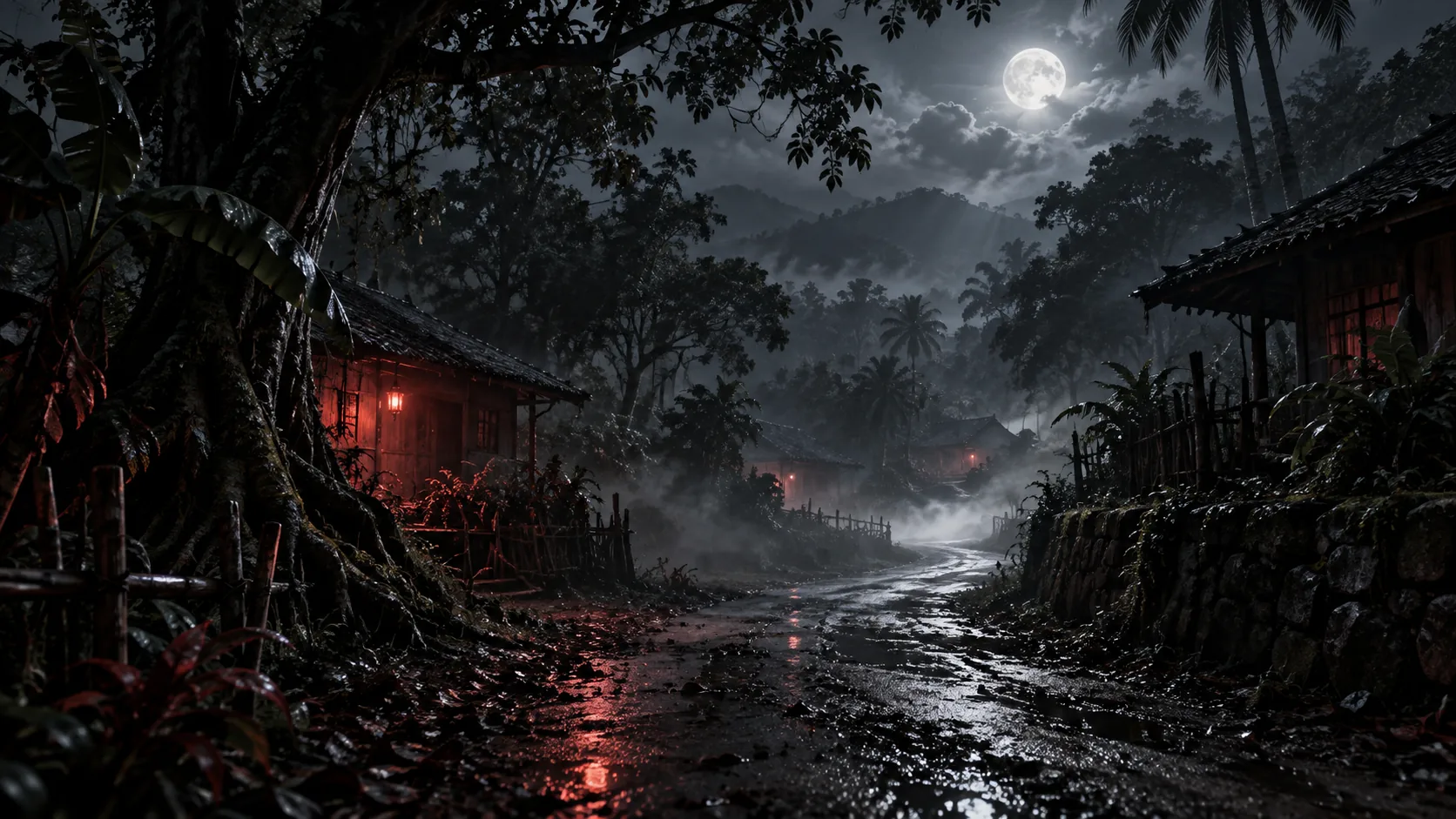 Ilustrasi jalan desa malam di tepi hutan