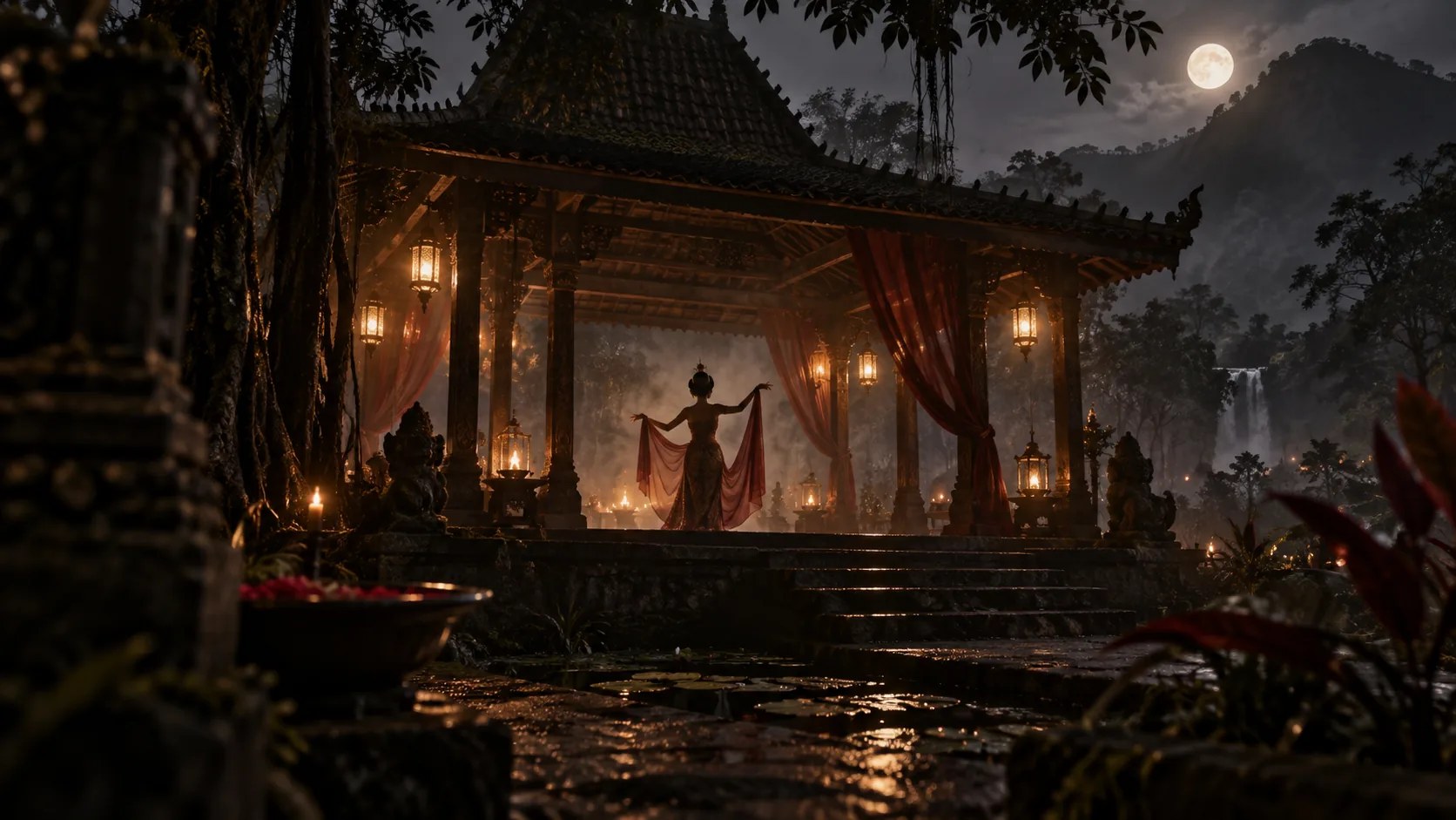 Ilustrasi pendopo dan siluet penari dari kejauhan